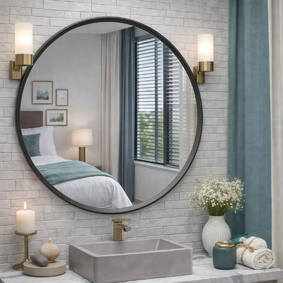 Black Frame Round LED Mirror — full product view; CB
