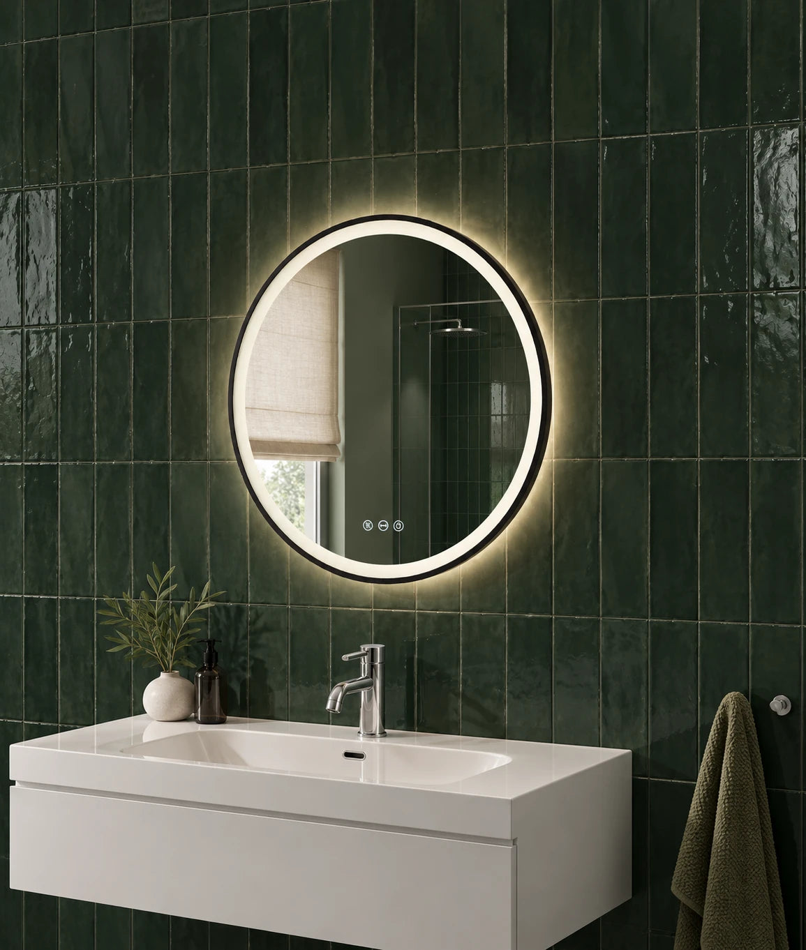 Black Frame Round Ring LED Bathroom Mirror — catalog detail view; KS-010-1002