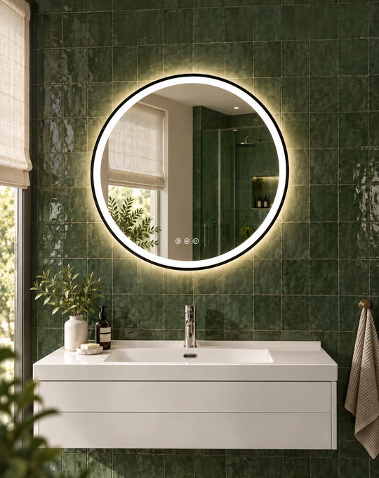 Black Frame Round Ring LED Bathroom Mirror — full product view; KS-010-1002
