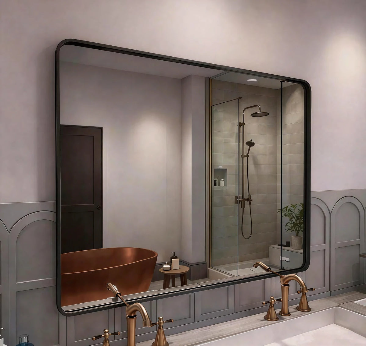 Black Frame Rounded Rectangle LED Mirror — catalog detail view; BBR