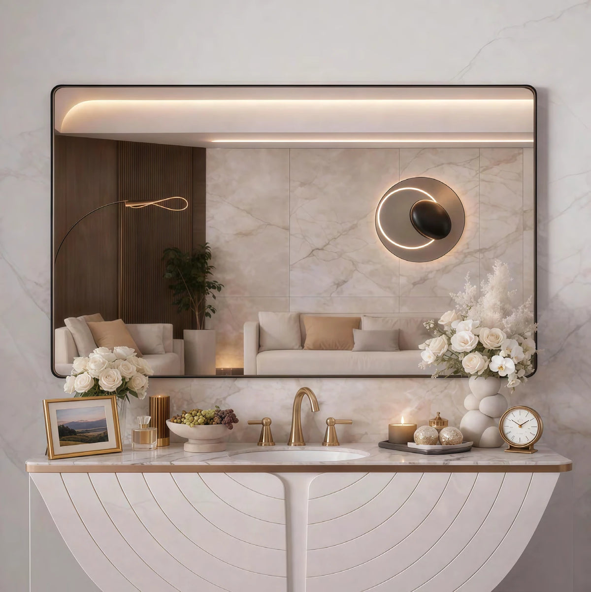Black Frame Rounded Rectangle LED Mirror — full product view; BBR