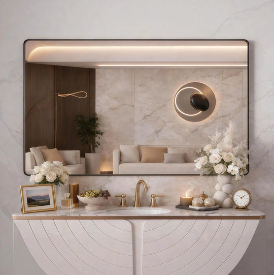 Black Frame Rounded Rectangle LED Mirror — full product view; BBR