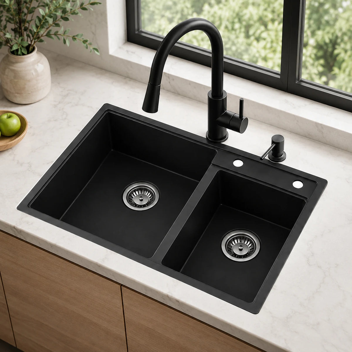 Black offset double bowl quartz composite sink installed in a styled kitchen — lifestyle scene, SANIKB SN7850.