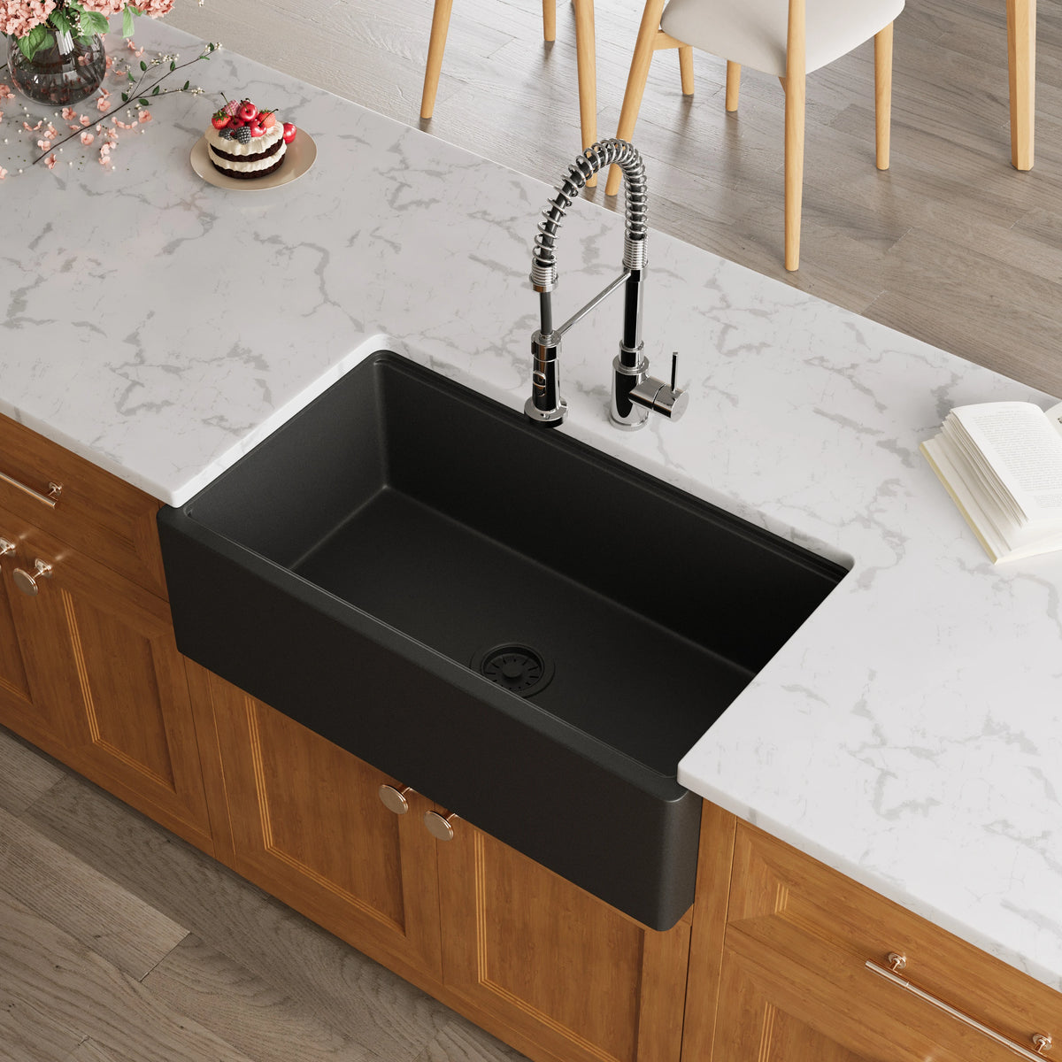 Deep single bowl interior of black quartz farmhouse workstation sink – SANIKB SN3319-MB