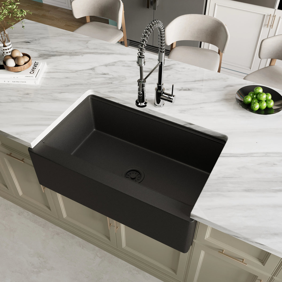 Deep single bowl interior of black quartz farmhouse workstation sink – SANIKB SN3321-MB