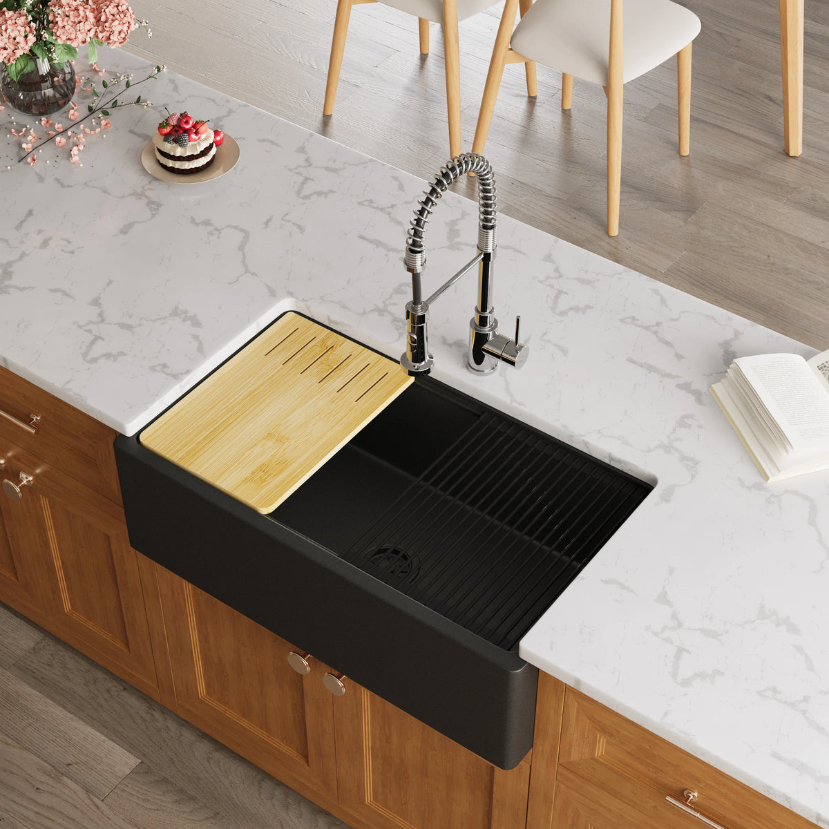 Matte black quartz farmhouse sink installed in kitchen with pull-down faucet – SANIKB SN3319-MB