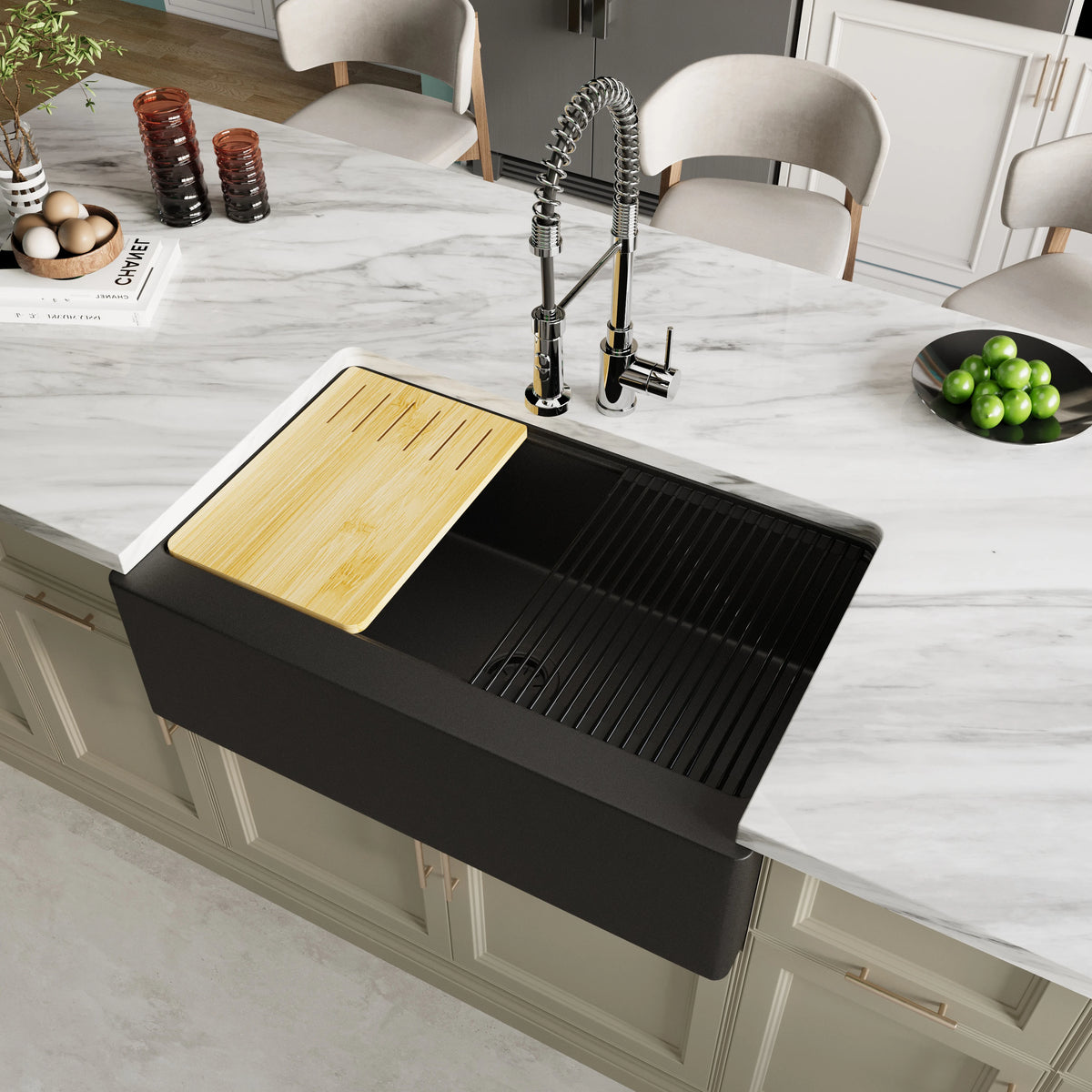 Matte black quartz farmhouse sink installed in kitchen with pull-down faucet – SANIKB SN3321-MB