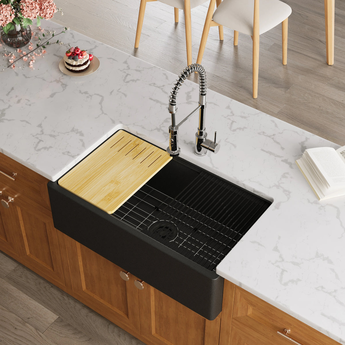 Black quartz apron front farmhouse workstation sink in a modern kitchen – SANIKB SN3319-MB