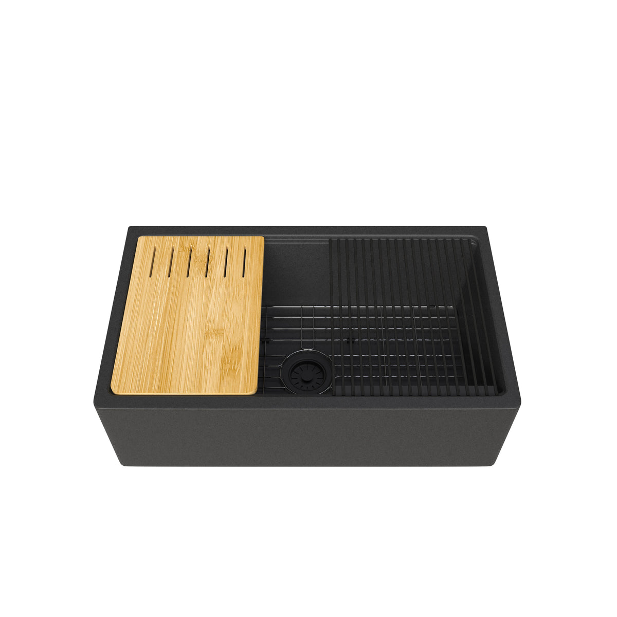 Black quartz farmhouse workstation sink, single bowl apron front – SANIKB SN3319-MB