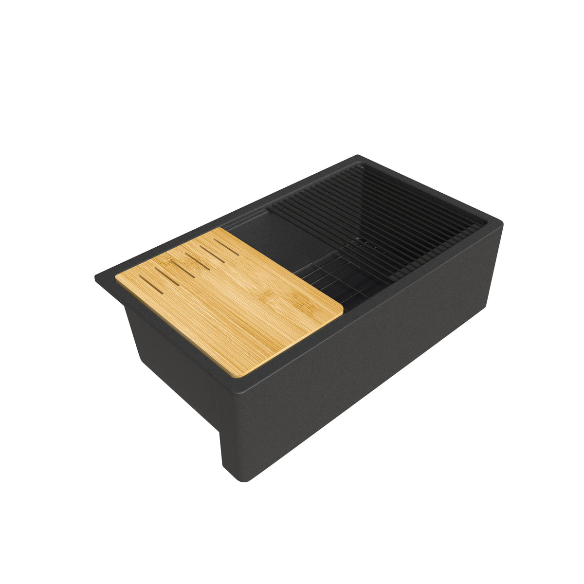 Top view of black quartz workstation sink with bamboo cutting board and bottom grid – SANIKB SN3319-MB