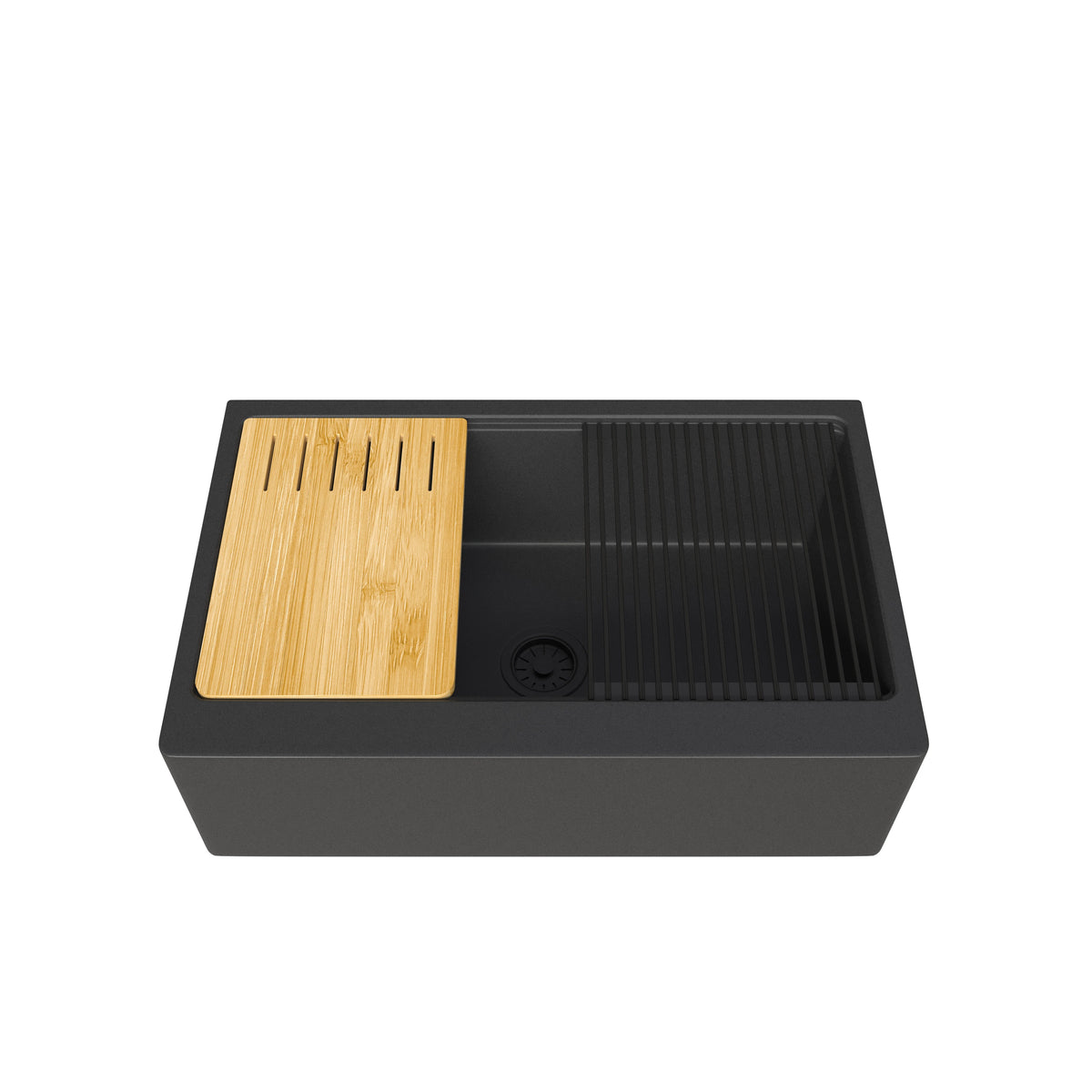 Top view of black quartz workstation sink with bamboo cutting board and bottom grid – SANIKB SN3321-MB