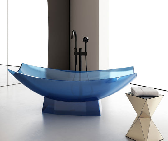 Blue Curved Transparent Bathtub on Central Base; original factory model TW-8992T catalogue detail view 1
