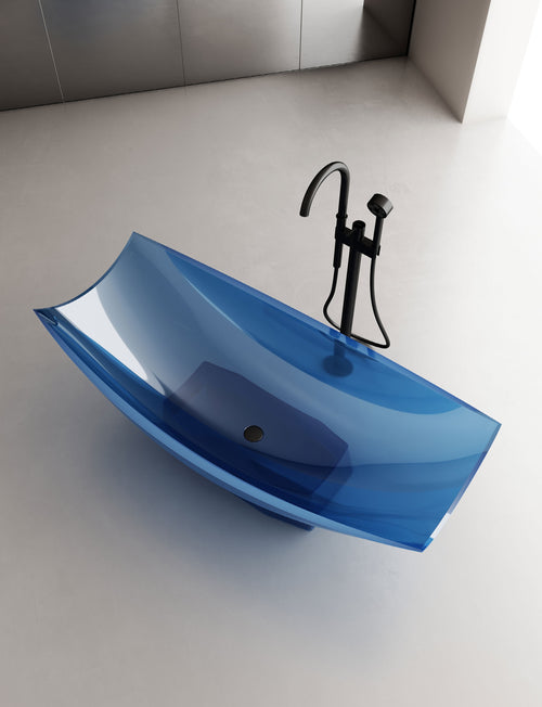 Blue Curved Transparent Bathtub on Central Base; original factory model TW-8992T complete product view