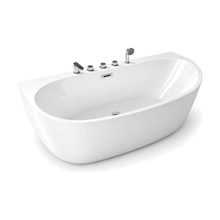 SANIKB FT028 - glossy white oval back-to-wall bathtub with 5-hole tap deck holding spout, three valves and hand shower