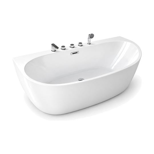 SANIKB FT028 - glossy white oval back-to-wall bathtub with 5-hole tap deck holding spout, three valves and hand shower