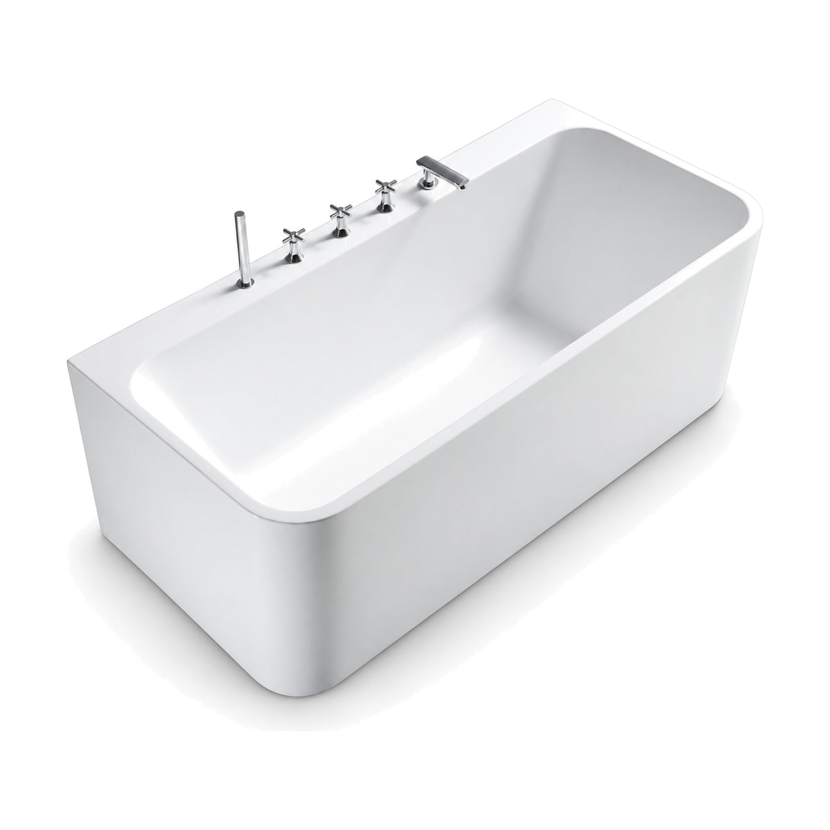 SANIKB FT017/FT018 - white single-ended back-to-wall acrylic bathtub with a wide rear deck holding a 5-hole tap set