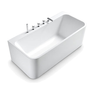SANIKB FT017/FT018 - white single-ended back-to-wall acrylic bathtub with a wide rear deck holding a 5-hole tap set