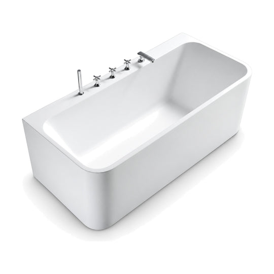 SANIKB FT017/FT018 - white single-ended back-to-wall acrylic bathtub with a wide rear deck holding a 5-hole tap set