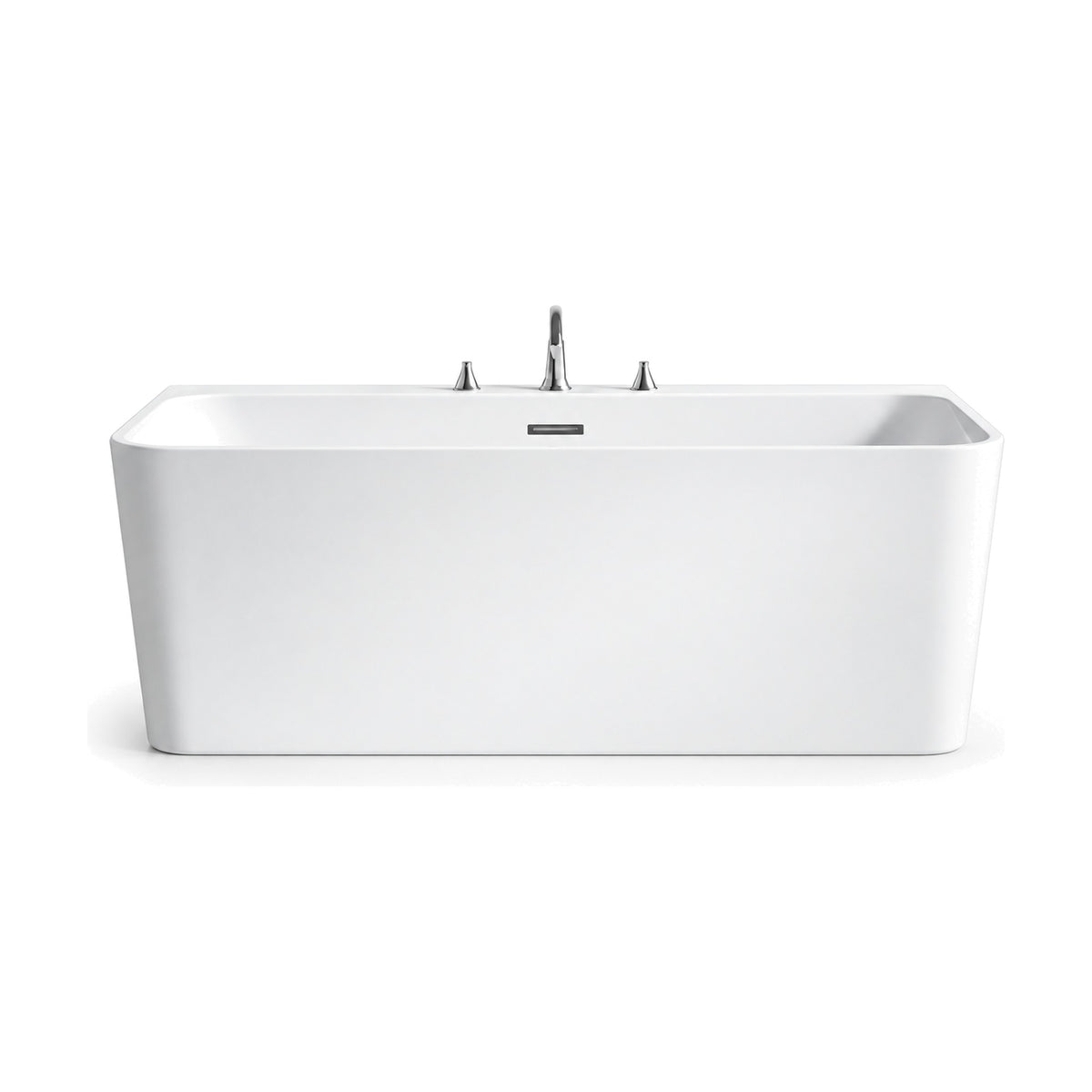 SANIKB D-8356 - white rectangular back-to-wall bathtub with rounded front corners and flat rear deck with 3-hole faucet