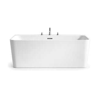 SANIKB D-8356 - white rectangular back-to-wall bathtub with rounded front corners and flat rear deck with 3-hole faucet