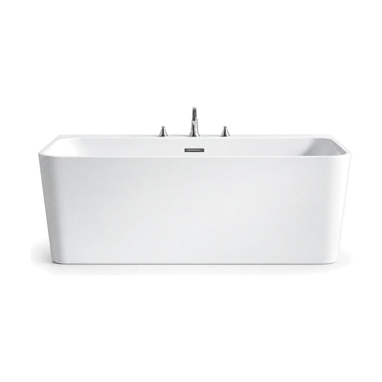 SANIKB D-8356 - white rectangular back-to-wall bathtub with rounded front corners and flat rear deck with 3-hole faucet
