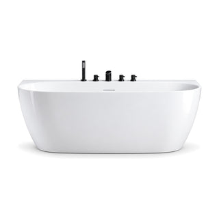 SANIKB D-8502 - glossy white D-shaped back-to-wall bathtub with a flat back deck carrying a 5-piece deck-mounted tap set