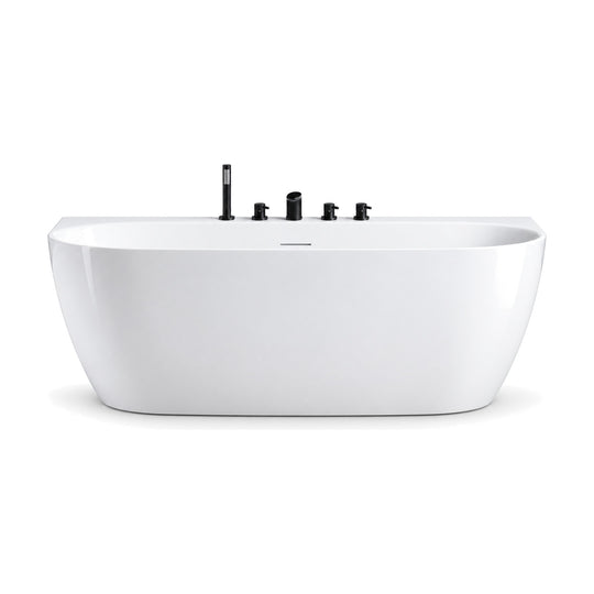 SANIKB D-8502 - glossy white D-shaped back-to-wall bathtub with a flat back deck carrying a 5-piece deck-mounted tap set