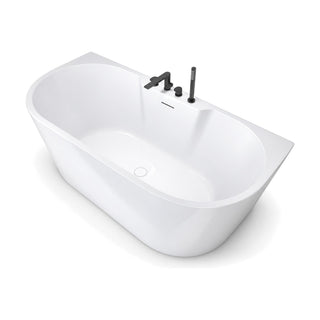 SANIKB D-8011T - glossy white D-shaped back-to-wall bathtub with slim rim and molded center tap platform with deck taps
