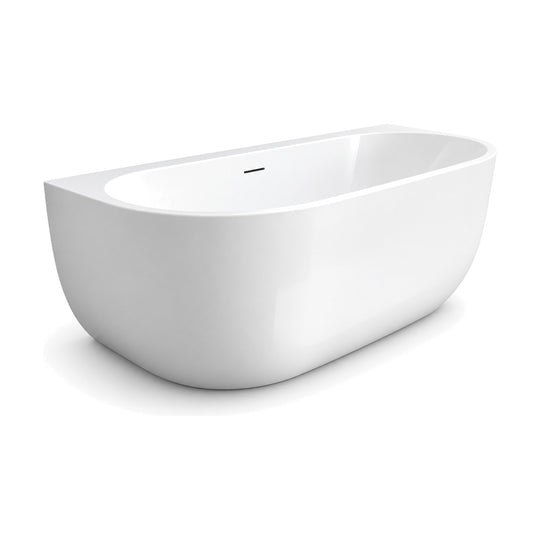 SANIKB AB02 - glossy white slim-rim D-shaped back-to-wall bathtub with flat wall side and wall-side overflow slot