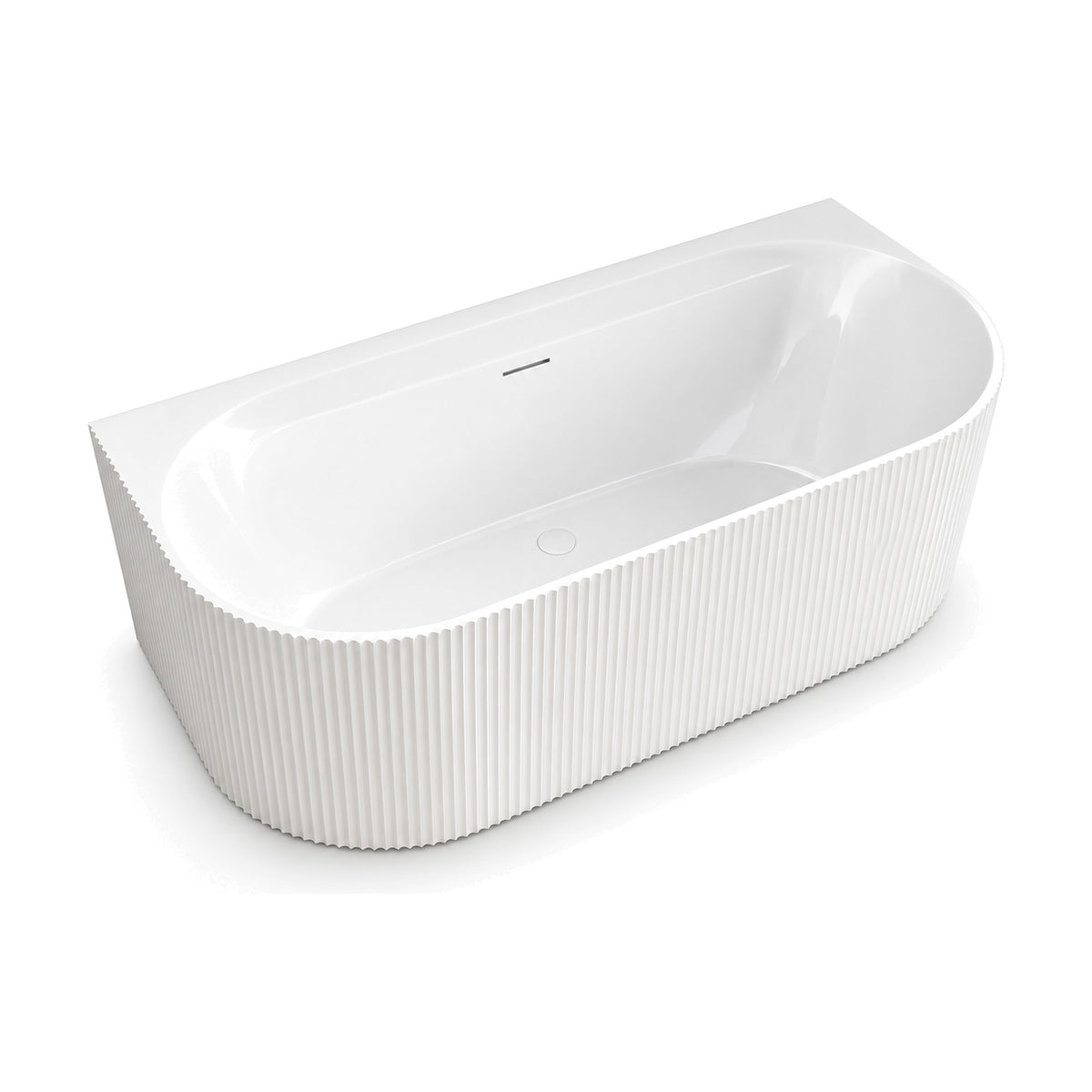 SANIKB CJ02 - white D-shaped back-to-wall bathtub with vertical fluted skin, plinth base and smooth oval basin