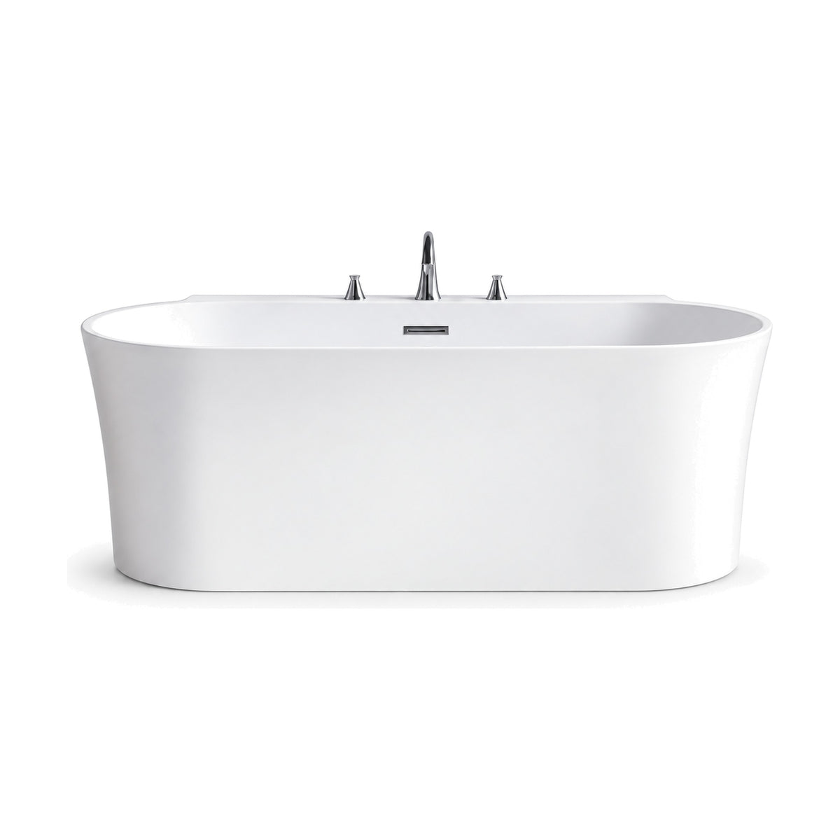 SANIKB D-8355 - white back-to-wall bathtub with rounded ends, flat rear deck with 3-hole faucet and body curving to the base