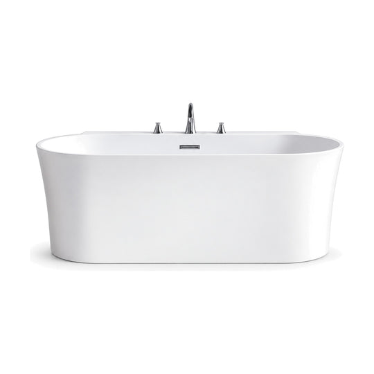 SANIKB D-8355 - white back-to-wall bathtub with rounded ends, flat rear deck with 3-hole faucet and body curving to the base