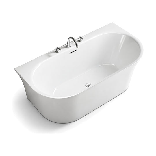 SANIKB D-8360 - glossy white D-shaped back-to-wall bathtub with flared body and square-cornered back deck with 3-hole faucet