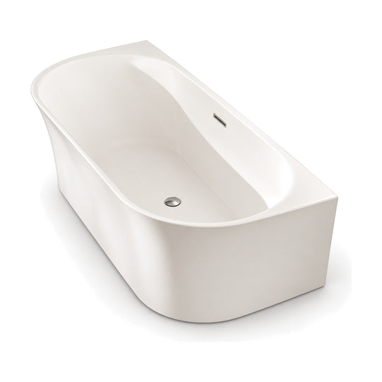 SANIKB D-8320 - glossy white slim-rim D-shaped back-to-wall bathtub with square back corners and wall-side overflow slot