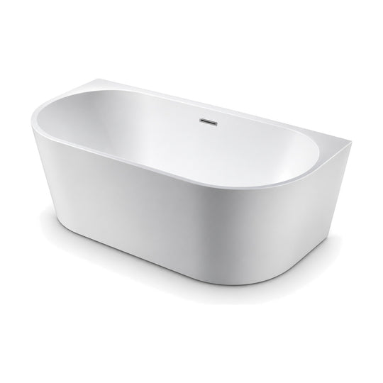 SANIKB D-8011 - white D-shaped back-to-wall bathtub with tapered sides, slim rim, flat base and back-wall overflow