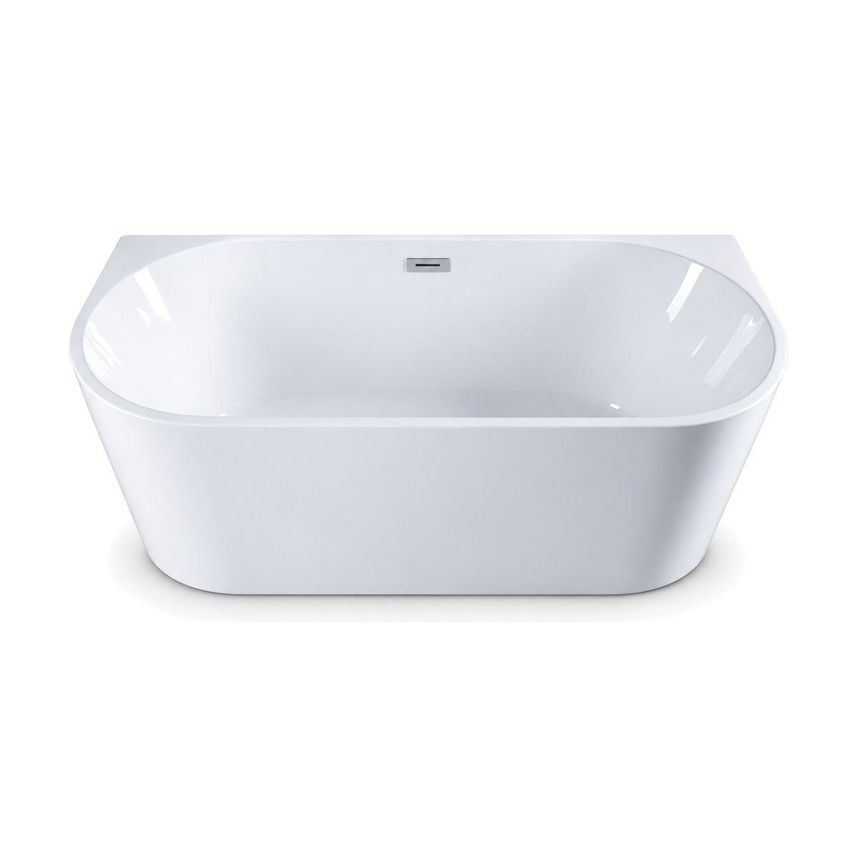 SANIKB FT045/FT046 - glossy white D-shaped back-to-wall bathtub, 1500 mm size, with straight back, slim rim and central overflow