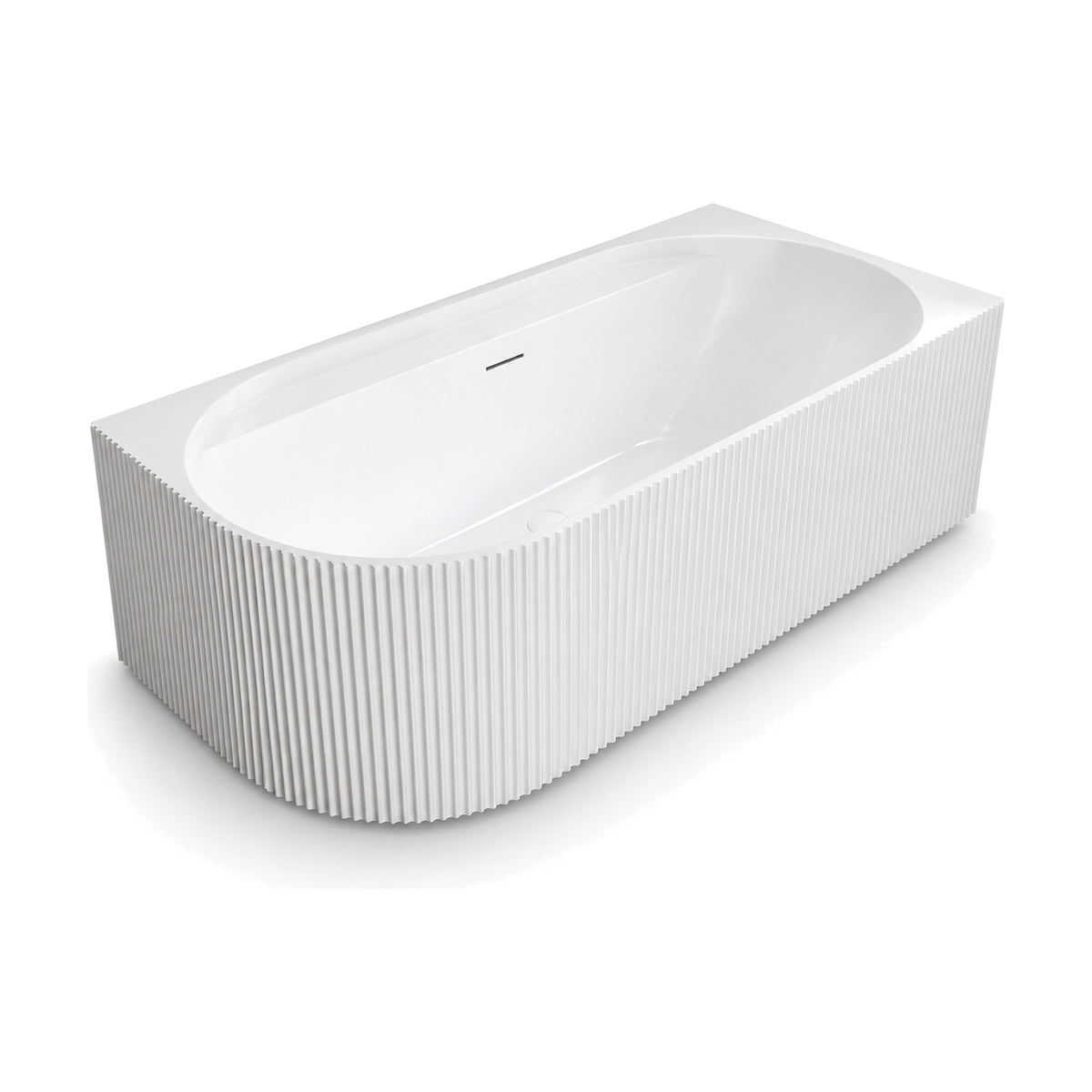 SANIKB CJ01 - white fluted acrylic corner bathtub on a plinth base with a smooth oval basin and centered drain