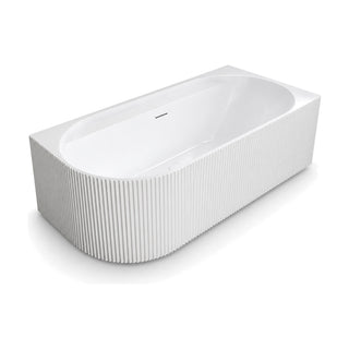 SANIKB CJ01 - white fluted acrylic corner bathtub on a plinth base with a smooth oval basin and centered drain