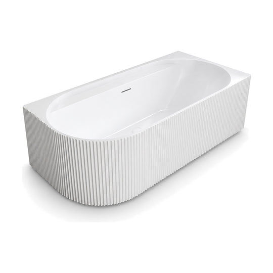 SANIKB CJ01 - white fluted acrylic corner bathtub on a plinth base with a smooth oval basin and centered drain