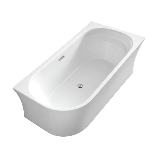 SANIKB D-8303 - white acrylic corner freestanding bathtub with a tapered front, rounded open end and flared skirt