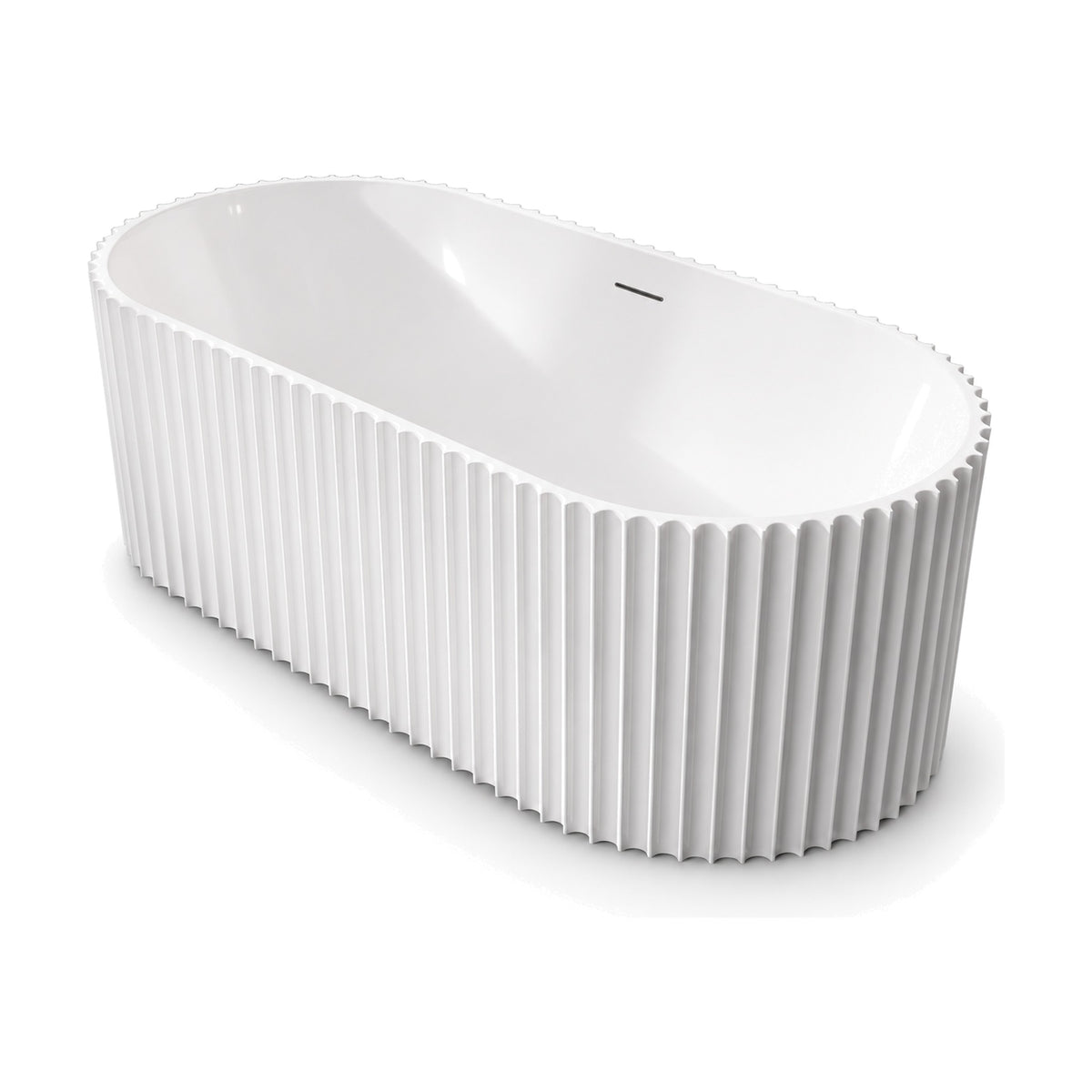 SANIKB D-8386 - white oval acrylic freestanding bathtub with deep, widely spaced vertical flutes and a scalloped rim