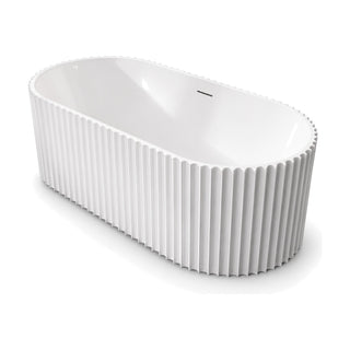 SANIKB D-8386 - white oval acrylic freestanding bathtub with deep, widely spaced vertical flutes and a scalloped rim
