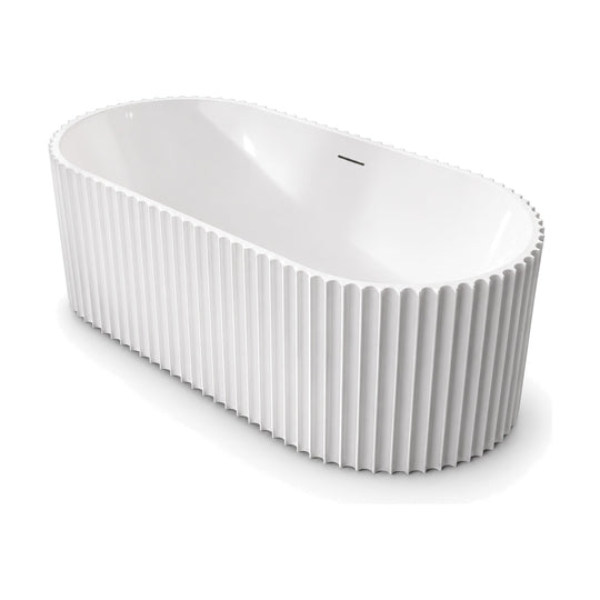 SANIKB D-8386 - white oval acrylic freestanding bathtub with deep, widely spaced vertical flutes and a scalloped rim