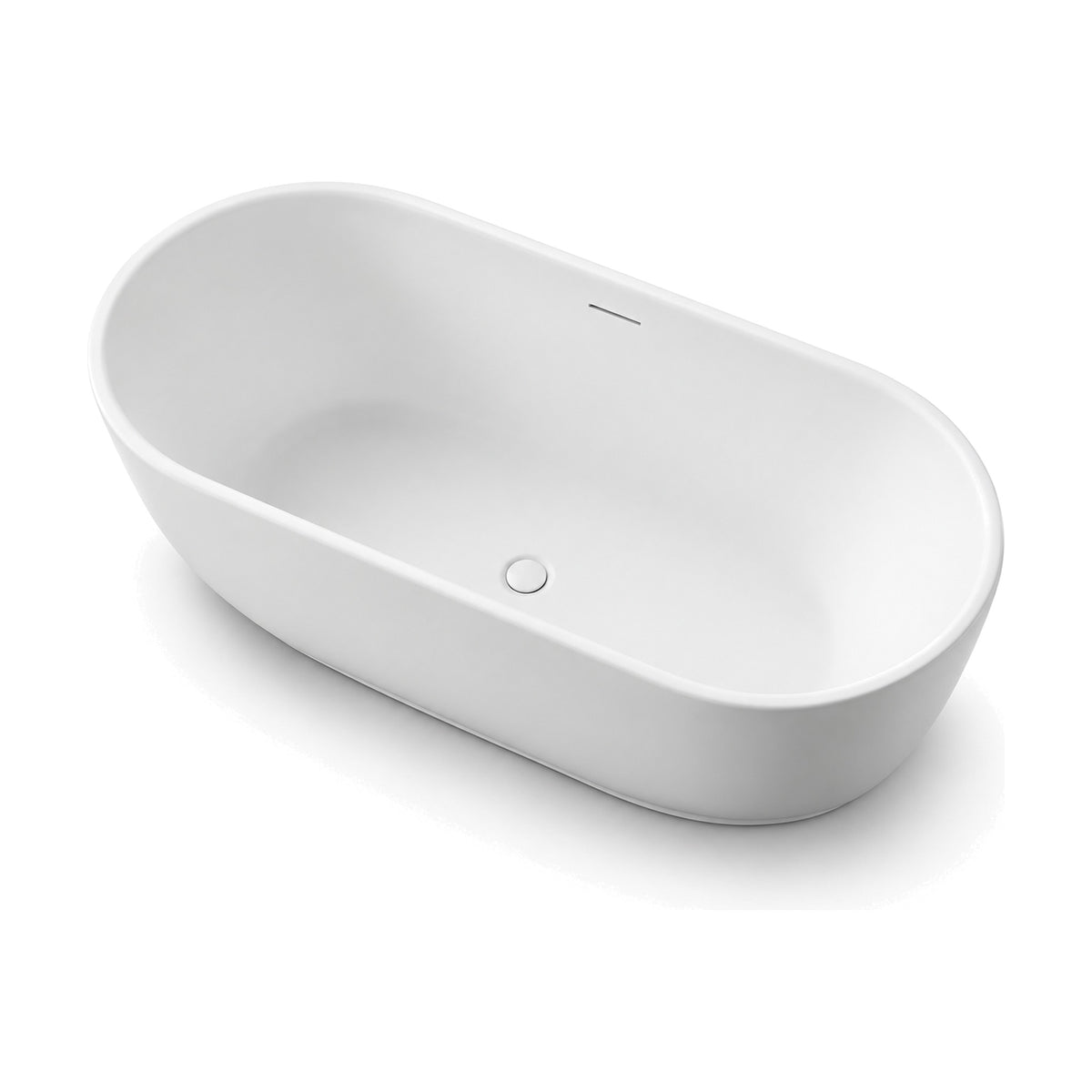 SANIKB D-8373 - matte white oval acrylic freestanding bathtub with a softly bulging body and a centered drain