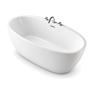 SANIKB D-8358 - gloss white oval freestanding tub with offset basin and wide back rim holding 3-hole deck-mounted taps