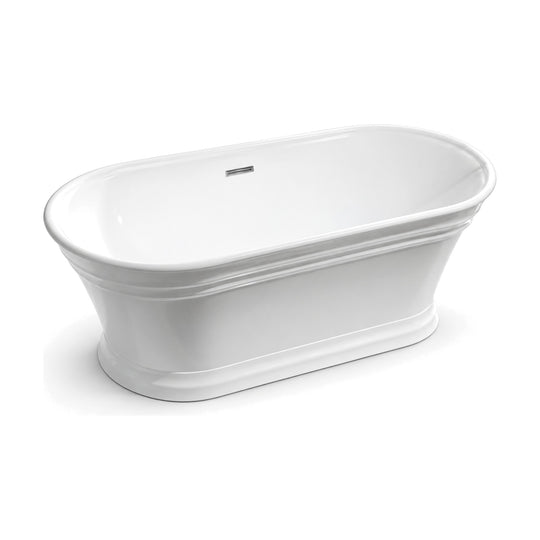 SANIKB D-8308 - gloss white roll-top freestanding bathtub with molded horizontal bands on a stepped plinth base