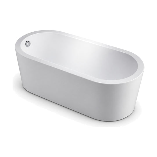 SANIKB D-8085 - gloss white single-ended stadium freestanding bathtub with end drain, round overflow and flat rim band