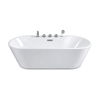 SANIKB FT009/FT010 - gloss white double-ended oval freestanding tub with a five-piece deck faucet set on a raised back ledge