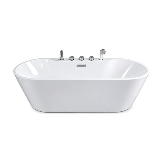 SANIKB FT009/FT010 - gloss white double-ended oval freestanding tub with a five-piece deck faucet set on a raised back ledge