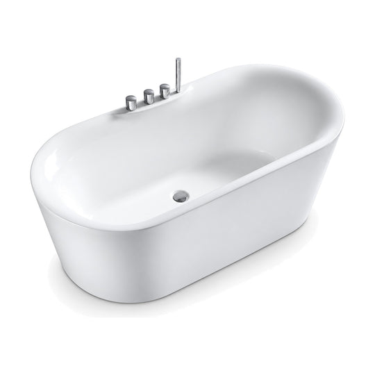 SANIKB FT041 - gloss white stadium-oval freestanding tub with a four-piece faucet set on a mid-back ledge